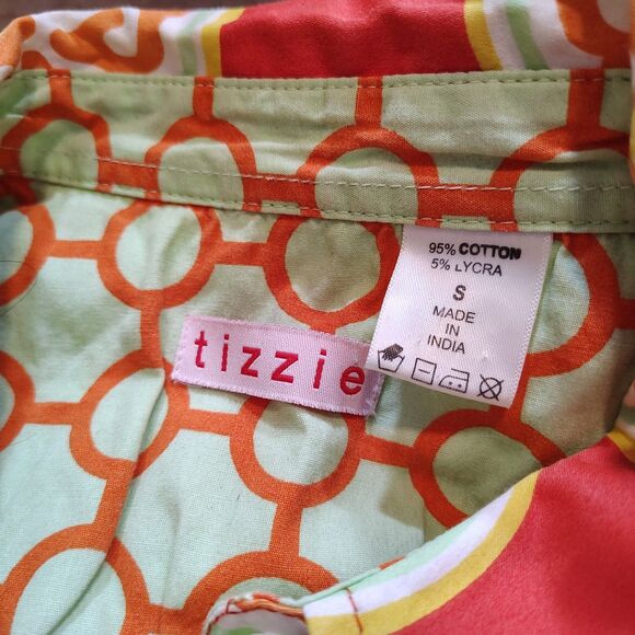 Tizzie Womens 70s Mod Psychedelic Button Shirt Retro Orange Geo Print Top S - Picture 2 of 6